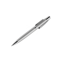 Sleek silver ballpoint pen with shiny metallic finish, featuring retractable mechanism and sturdy clip for easy attachment. Ideal for professional and everyday use png