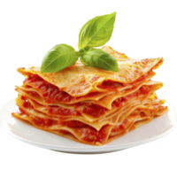 Delicious slice of lasagna with layers of pasta, rich tomato sauce, and melted cheese, garnished with fresh basil leaves on white plate png