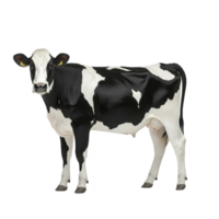 Black and white Holstein cow stands facing forward, showcasing its distinctive markings and alert expression. cow ears are perked up, and it appears healthy and well fed png