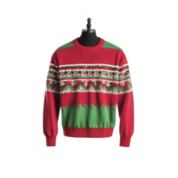 Festive red and green Christmas sweater with intricate patterns, featuring snowflakes and trees, perfect for holiday celebrations. Cozy and cheerful design png