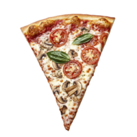 Delicious slice of pizza topped with fresh tomatoes, mushrooms, and basil on crispy crust. vibrant colors and appetizing ingredients make it irresistible png