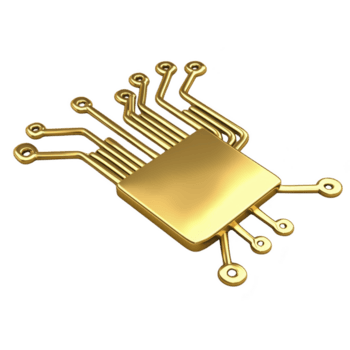 gyllene mikrochip med invecklad krets rader symboliserar Avancerad teknologi och innovation. skinande metallisk Avsluta lägger till trogen och sofistikerad Rör png