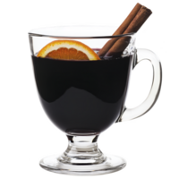Clear glass mug filled with dark mulled wine is garnished with slice of orange and cinnamon stick, creating warm and inviting beverage png
