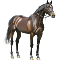 Majestic brown horse stands gracefully, showcasing its shiny coat and strong build. horse wears bridle and exudes calm and noble presence, highlighting its elegance and strength png