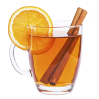 Warm glass of spiced tea with slice of orange and cinnamon sticks creates cozy and inviting atmosphere. clear glass showcases rich amber color of tea png