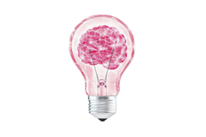 Light bulb with pink brain inside symbolizes creativity and innovation, blending concepts of intelligence and bright ideas. transparent bulb showcases intricate neural connections, representing png