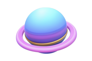 3D illustration of stylized planet with vibrant blue and purple hues, featuring pink and gold ring encircling it, set against transparent background png