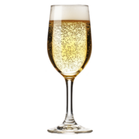 Tall, elegant champagne flute filled with sparkling golden champagne, showcasing lively effervescence and topped with frothy head, perfect for celebrations png