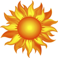 Vibrant illustration of sun with fiery orange and yellow rays radiating outward, symbolizing warmth and energy. design is stylized with glowing center, evoking sense of brightness and positivity png