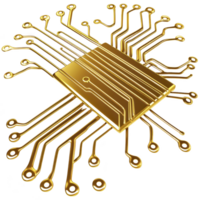 Golden microchip with intricate circuit lines extending outward symbolizes advanced technology and innovation. shiny metallic finish adds futuristic and sophisticated touch png