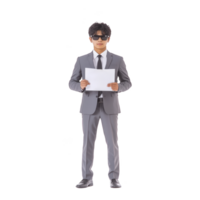 Man in gray suit and sunglasses stands confidently holding blank sheet of paper, isolated on transparency background. formal attire and serious expression suggest professionalism png