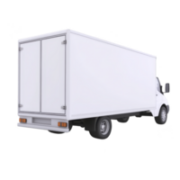 White delivery truck is shown from rear, highlighting its large cargo area and closed doors. vehicle is positioned on plain background, emphasizing its clean and simple design png