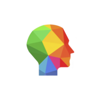 Colorful geometric head silhouette composed of various polygonal shapes in vibrant hues, symbolizing creativity and diversity. abstract design evokes sense of innovation and modernity png