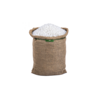 Burlap sack filled with white rice stands against plain background, showcasing its texture and simplicity. sack is open, revealing grains inside png