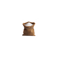 Burlap sack filled with white salt is displayed against plain background, showcasing its rustic texture and natural appearance png