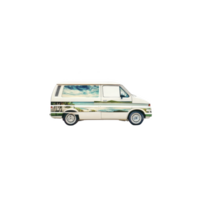 Vintage van with scenic landscape artwork on its side, featuring clear blue sky and rolling hills, evokes sense of adventure and freedom. vehicle is isolated on transparency background png