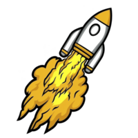 Cartoon rocket with yellow flames propelling it forward, symbolizing speed and innovation. rocket is black and yellow, with simple, playful design png