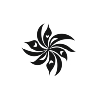 Symmetrical black abstract design with swirling, petal like shapes radiating from center, creating dynamic and artistic pattern. design is simple yet elegant, suitable for various decorative png