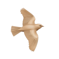 Wooden bird sculpture with detailed wings and smooth finish, captured mid flight against plain background. craftsmanship highlights natural wood texture and elegant design png