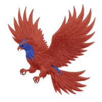 Vibrant red and blue embroidered phoenix with outstretched wings symbolizes rebirth and strength. intricate stitching highlights mythical creature dynamic pose and fiery plumage png
