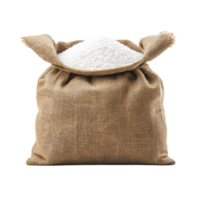 Burlap sack filled with white rice, showcasing rustic and natural appearance. open top reveals grainy texture of rice, emphasizing its freshness and abundance png