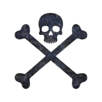 Skull and crossbones symbol with textured, dark appearance, often associated with danger or piracy. design features skull above two crossed bones, creating classic warning icon png