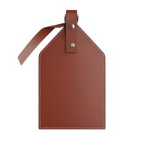 Brown leather luggage tag with strap and metal button, featuring white stitching around edges, isolated on transparency background png