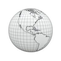 Monochrome wireframe globe showing continents with grid lines, representing digital or conceptual world map. design is minimalistic and focuses on Americas png
