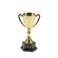 Shiny gold trophy with black base, symbolizing achievement and success. trophy features two handles and classic design, often used in competitions and award ceremonies png