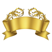 Decorative golden ribbon banner with ornate floral elements, perfect for elegant invitations or announcements. luxurious design adds touch of sophistication and style png