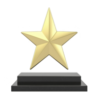 Shiny gold star trophy with black marble base symbolizes achievement and excellence. star metallic finish and geometric design create sense of prestige and celebration png