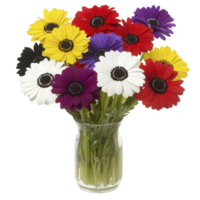 Vibrant bouquet of colorful gerbera daisies in clear glass vase, featuring red, yellow, purple, and white flowers, creating cheerful and lively display png