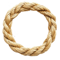 Circular braided rope made of natural fibers forms rustic wreath, showcasing intricate weaving and natural texture. This decorative piece is perfect for adding touch of nature to any setting png