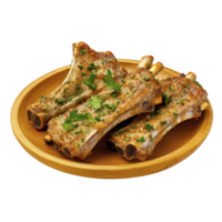 Savory grilled ribs garnished with fresh herbs on wooden plate, showcasing delicious and appetizing meal. Perfect for barbecue or dinner setting png