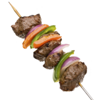 Skewer with grilled beef, red onion, green and orange bell peppers creates colorful and appetizing presentation. juicy meat and vibrant vegetables are perfect for barbecue png