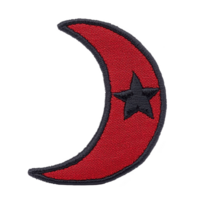 Red crescent moon with black star patch design, featuring textured fabric appearance and bold outlines, evokes sense of mystery and style png