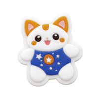 Cute cartoon cat with orange ears and blue starry outfit, smiling joyfully. design is playful and colorful, perfect for children themes or playful decor png