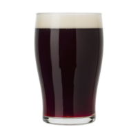 Pint of dark beer with creamy foam head sits in clear glass, showcasing its rich color and inviting texture. beverage appears smooth and refreshing png