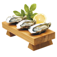 Three fresh oysters on wooden stand with lemon wedge and green leaves create vibrant and appetizing seafood presentation png