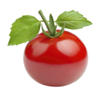 Vibrant red tomato with glossy skin and two fresh green leaves on top, isolated on transparency background, showcasing its freshness and natural appeal png