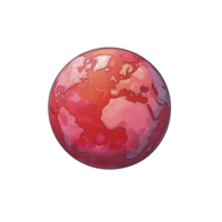 Vibrant red globe illustration depicting continents with watercolor effect, symbolizing global unity and environmental awareness. artistic style adds creative touch to world map png