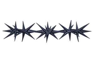 Row of sharp, metallic spikes arranged in linear pattern, resembling futuristic or abstract design element. spikes are dark and glossy, creating striking visual effect png