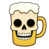 Beer mug with skull design combines playful and spooky theme, featuring frothy beer and skeletal face. Perfect for Halloween or themed parties png