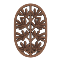 Intricately carved wooden panel features symmetrical leaf pattern within oval frame, showcasing traditional craftsmanship and natural elegance png