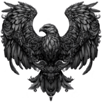 Detailed illustration of majestic eagle with outstretched wings, showcasing intricate feather patterns and regal expression. monochrome design emphasizes bird powerful presence png