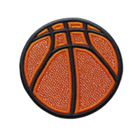 Embroidered patch features vibrant orange basketball design with black outlines, showcasing intricate stitching details. patch is circular and suitable for clothing or accessories png