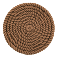 Round, woven rope mat with spiral pattern creates rustic and natural look, perfect for adding texture to home decor. brown color enhances its earthy appeal png