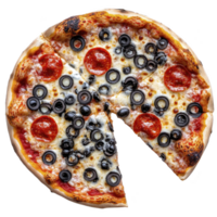 Delicious pizza topped with pepperoni, black olives, and melted cheese, featuring golden brown crust. combination of savory toppings creates mouthwatering appearance png