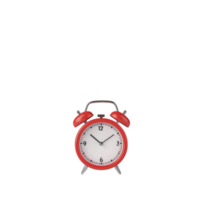 Red vintage alarm clock with classic design and two bells on top, displaying time against transparency background. clock retro style evokes sense of nostalgia png