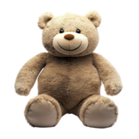 Fluffy brown teddy bear with friendly smile sits upright, showcasing its soft texture and round features. plush toy exudes warmth and comfort, perfect for cuddling png